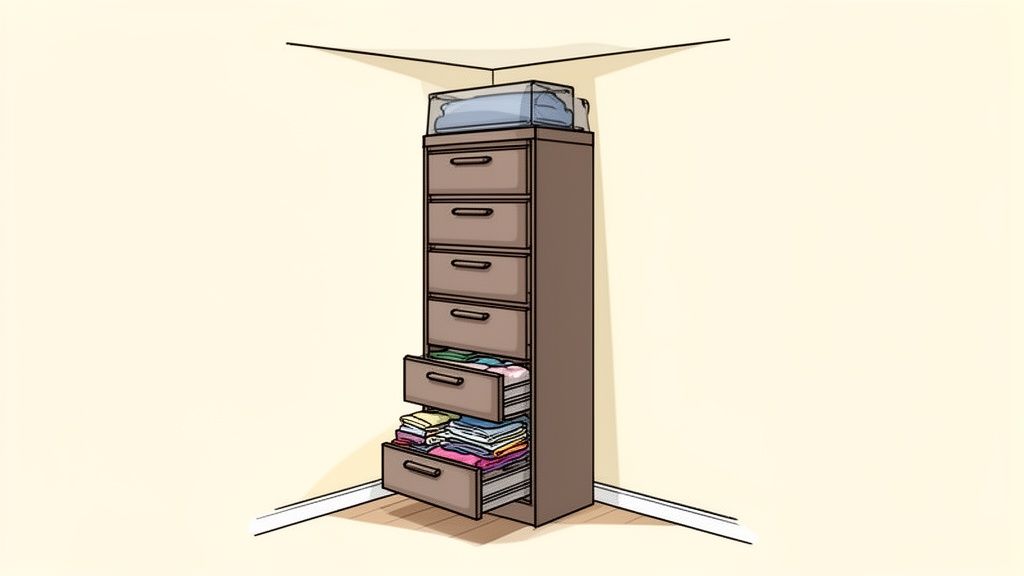 A tall brown chest of drawers with two open drawers filled with colorful folded clothes.