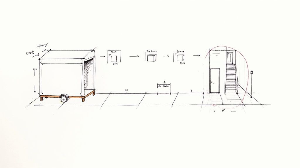 Architectural sketch illustrating a mobile structure, conceptual boxes, and a building section with stairs and doors.