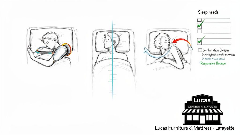 Illustrations of stomach, back, and side sleepers with a checklist of sleep needs like responsive bounce.