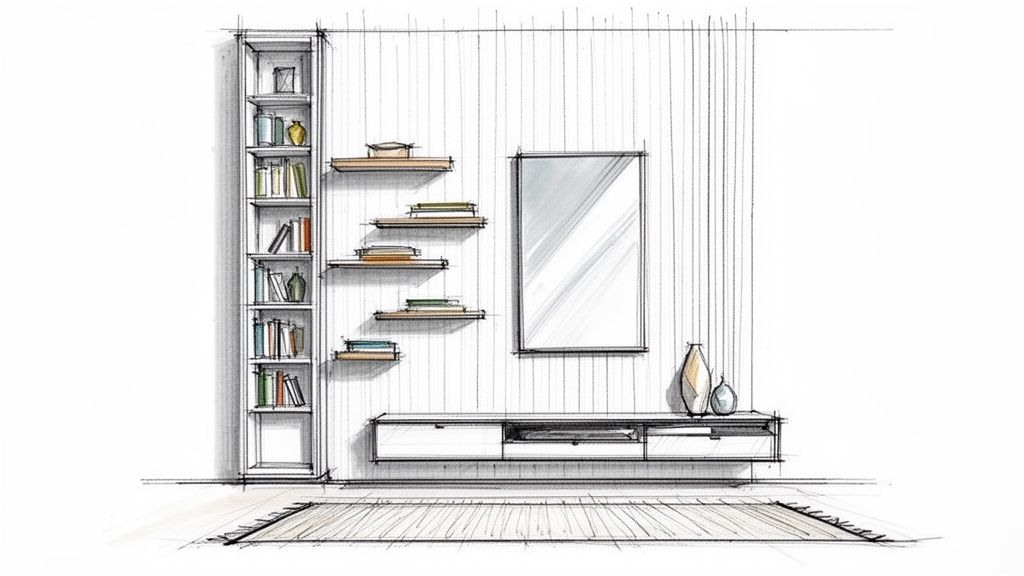 Detailed sketch of a contemporary living room featuring a tall bookshelf, decorative floating shelves, mirror, and media unit.