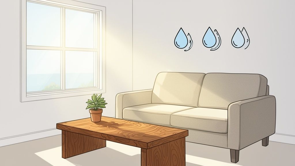 A bright room with a sunny window, a plant on a coffee table, a sofa, and water drop icons.