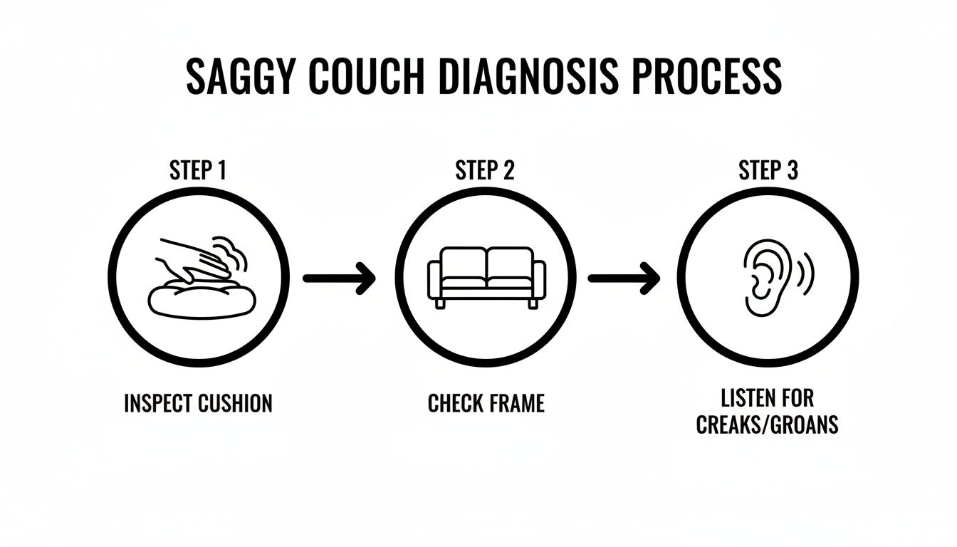 Flowchart detailing the saggy couch diagnosis process: inspect cushion, check frame, and listen for noises.