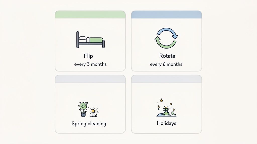 Four cards illustrating a household routine, including mattress flipping, rotating, spring cleaning, and holidays.