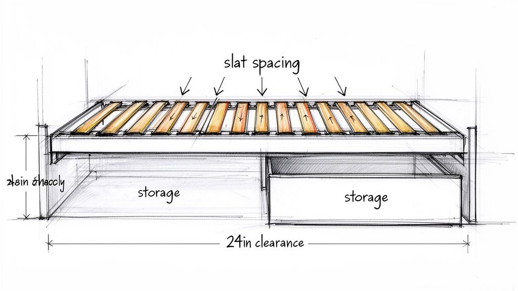 A detailed hand-drawn sketch of a bed frame, highlighting slat spacing, under-bed storage, and key dimensions like 28in height and 24in clearance.