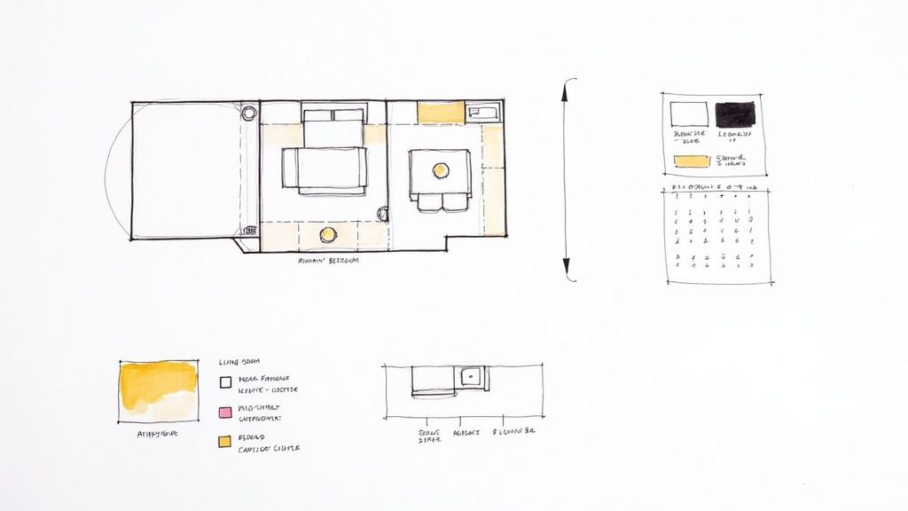 Hand-drawn floor plan sketch of a studio apartment with furniture layout and color palette legends.