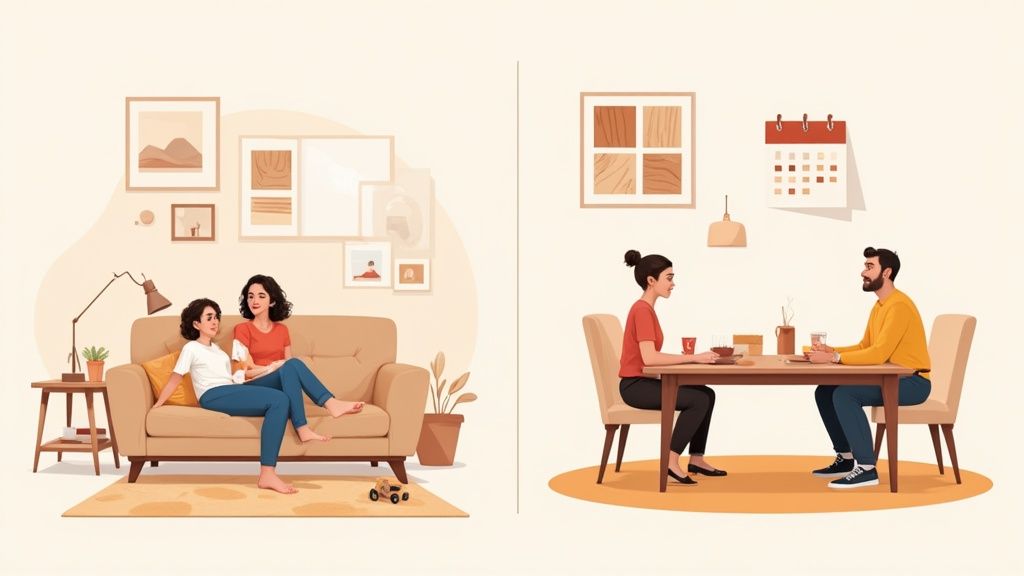 Two couples in separate scenes, one relaxing on a couch, the other dining at a table.