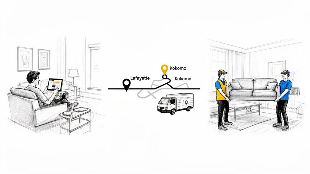 A man orders furniture online from his couch, a truck delivers, and movers carry a sofa.