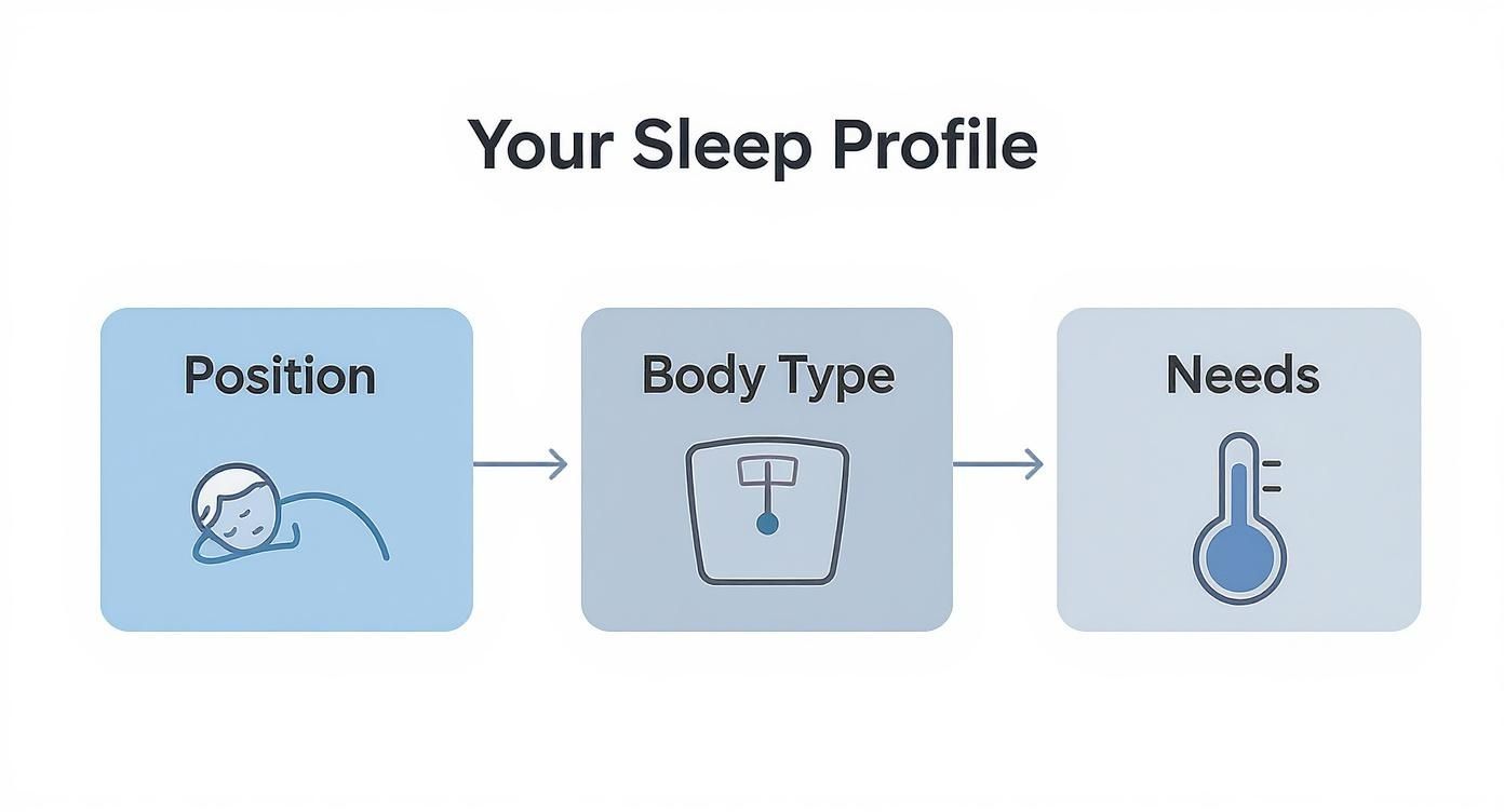 Diagram illustrating a 'Your Sleep Profile' with factors: sleeping position, body type, and temperature needs.