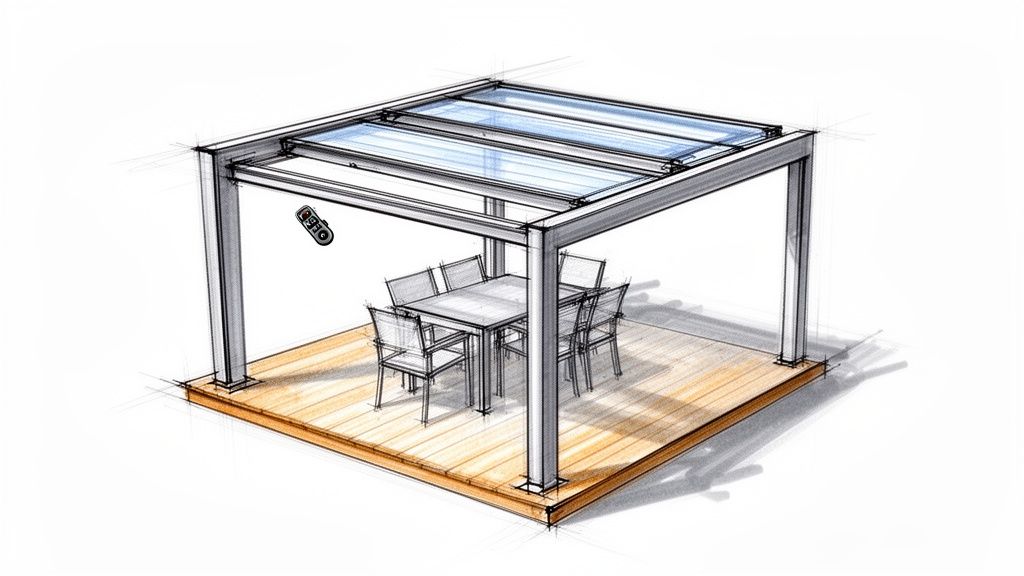 Sketch of a modern outdoor pergola with a retractable glass roof over a dining area on a wooden deck.