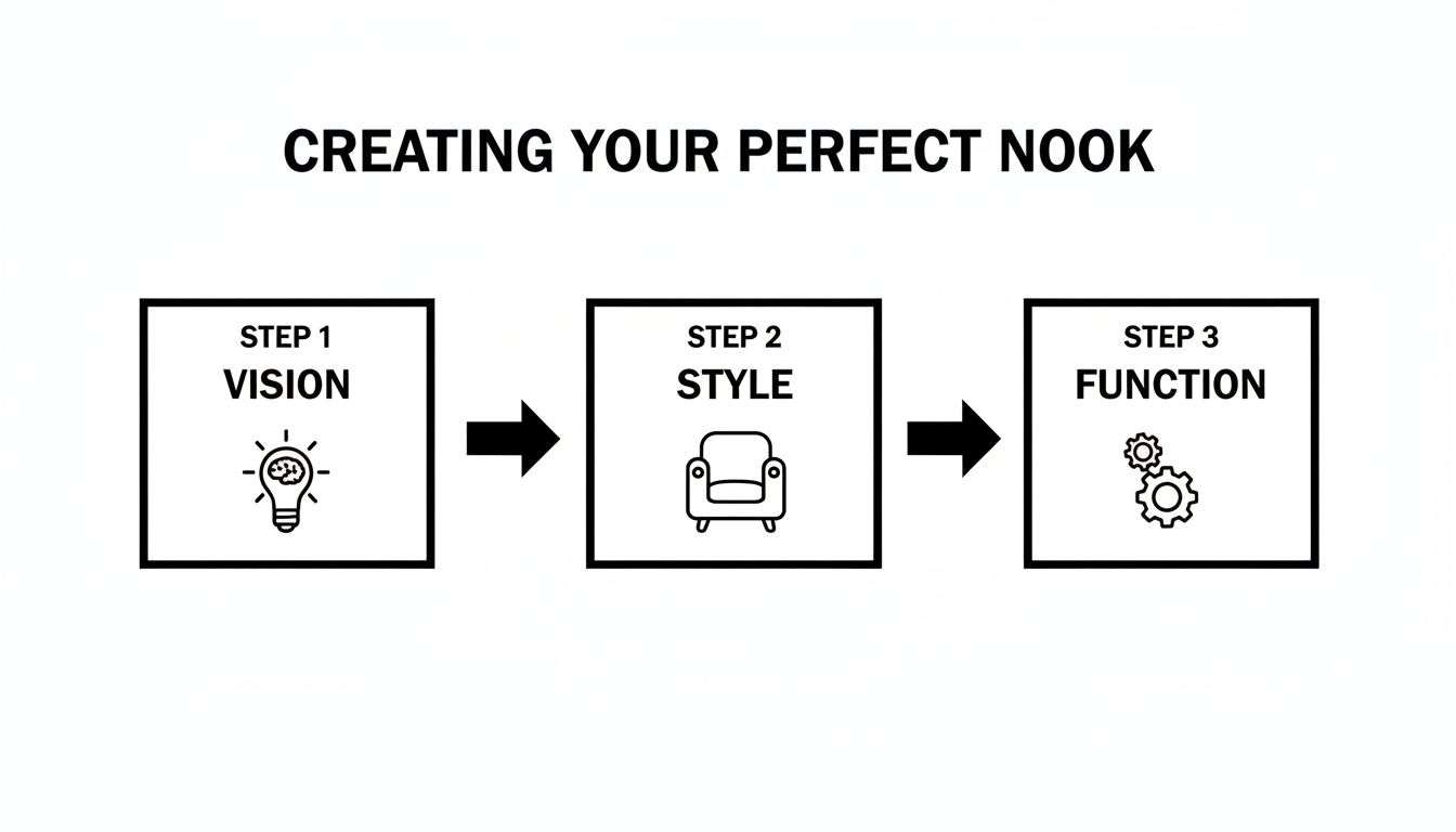 Flowchart illustrating steps to create a perfect nook: Vision (lightbulb), Style (armchair), Function (gears).