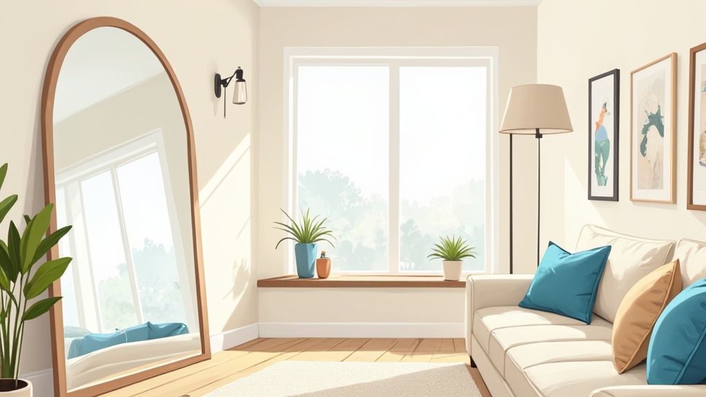 Bright small living room with large mirror, beige sofa, blue pillows, and natural light