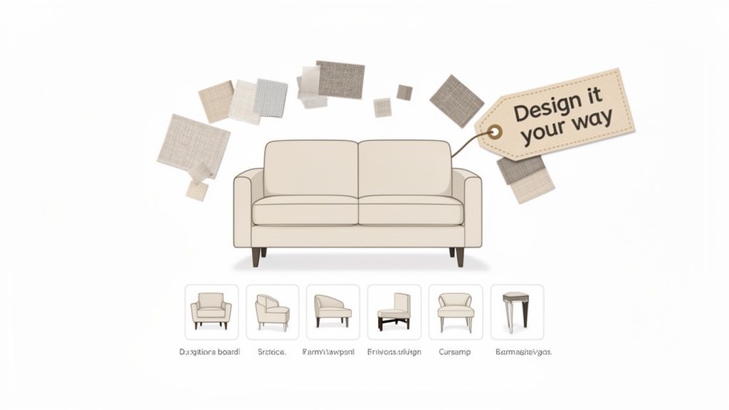 A cream sofa with fabric swatches and a 'Design it your way' tag, showcasing furniture customization options.