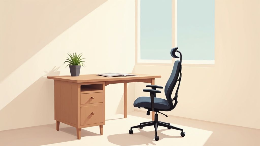 Bright home office with a light wood desk, potted plant, open book, and ergonomic chair near a window.