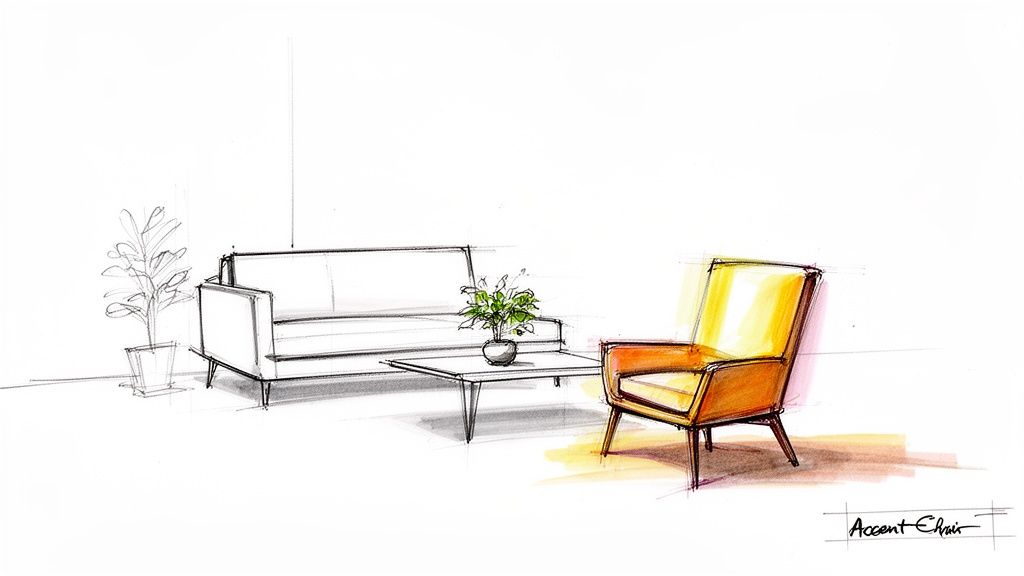 Sketch of a living room interior with a sofa, coffee table, potted plants, and a prominent yellow accent chair.