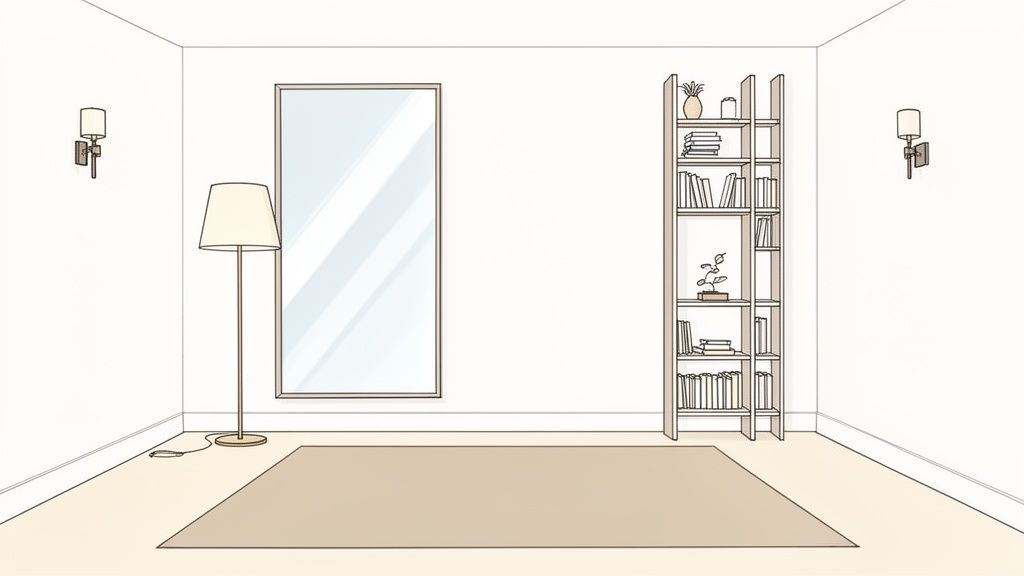 A clean, minimalist room interior featuring a large mirror, floor lamp, bookshelf, and two wall sconces.