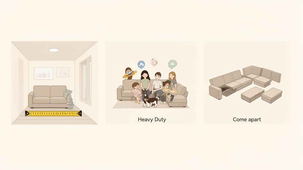 Three panels illustrating sofa features: measuring space, heavy-duty family use, and modular design.