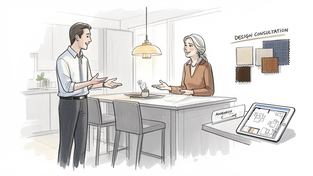 Two people discuss home design consultation at a kitchen island, with fabric swatches and a floor plan visible.