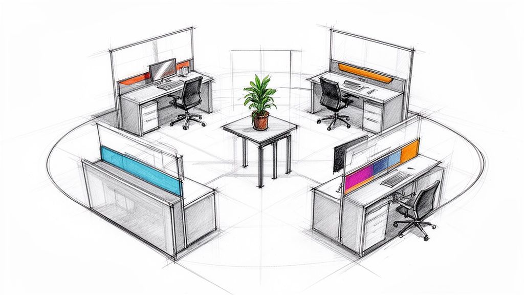 Architectural sketch of a circular office layout with four cubicles and a central plant.