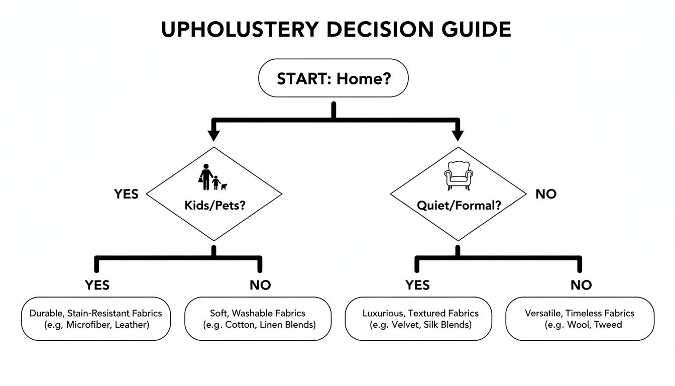 Upholstery decision guide flowchart helps choose fabrics based on lifestyle and room formality.