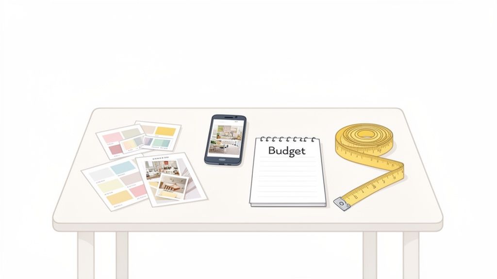 An illustration of a table with interior design planning tools like color swatches, inspiration photos, a phone, budget notepad, and measuring tape.