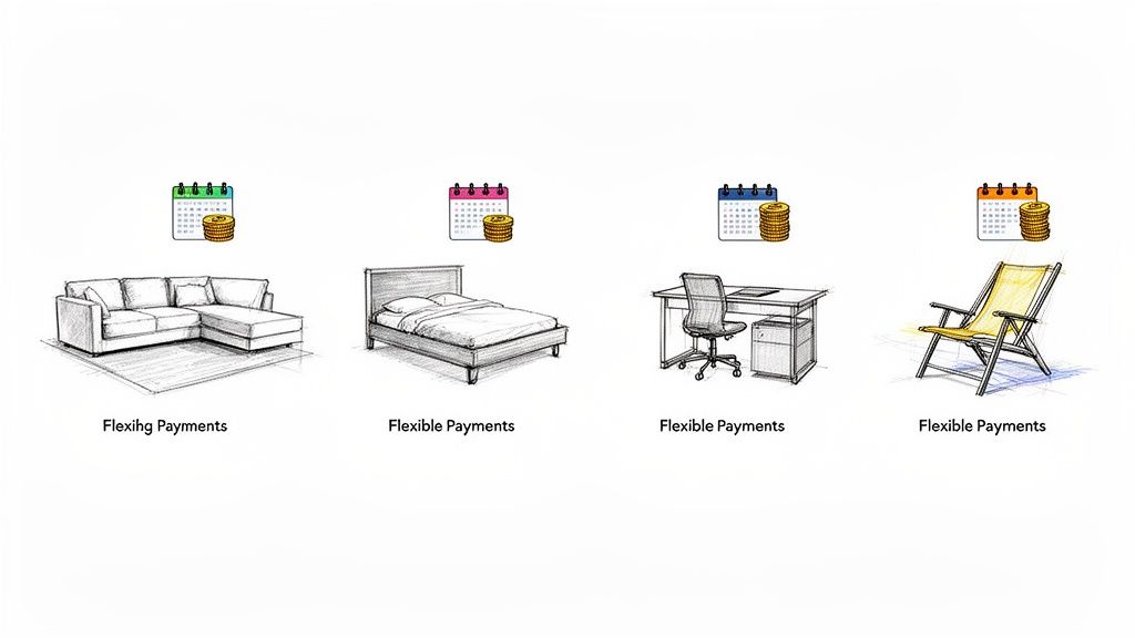Hand-drawn furniture like sofa, bed, desk, and chair with calendars and coins, symbolizing flexible payment options.