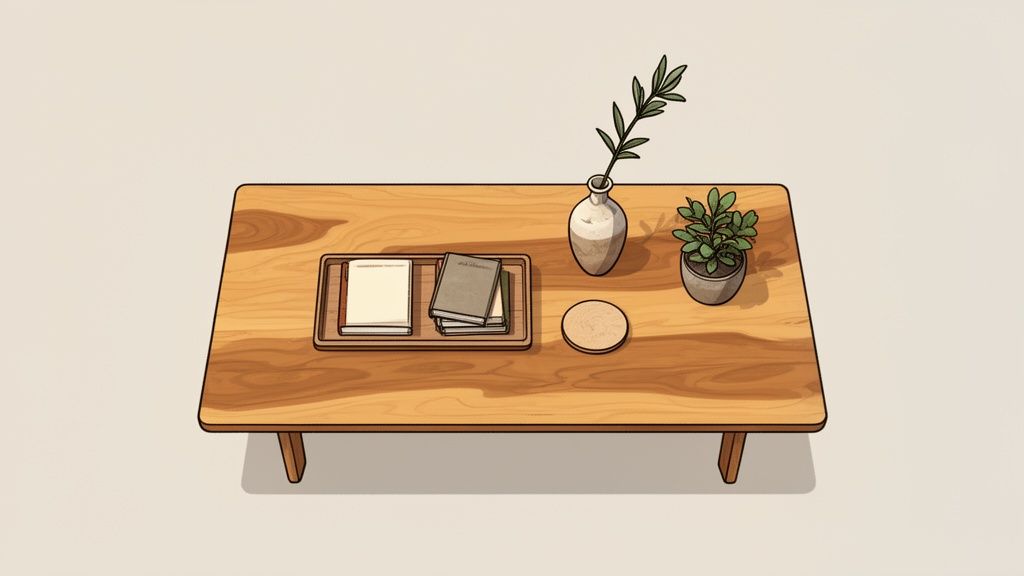A minimalist acacia wood coffee table from above, styled with books, plants, and a coaster.