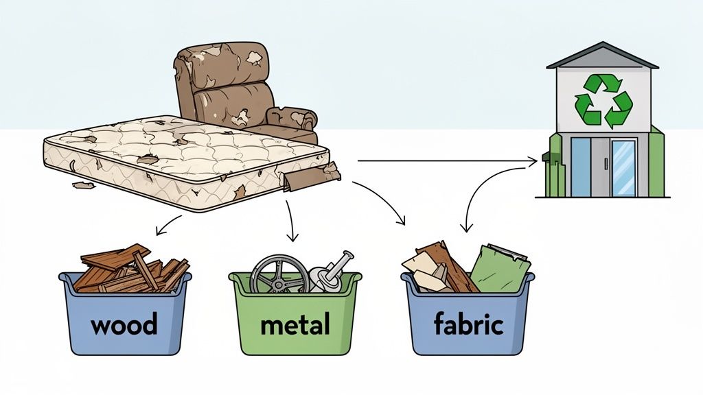 Old mattress and armchair components (wood, metal, fabric) are sorted into bins for recycling.