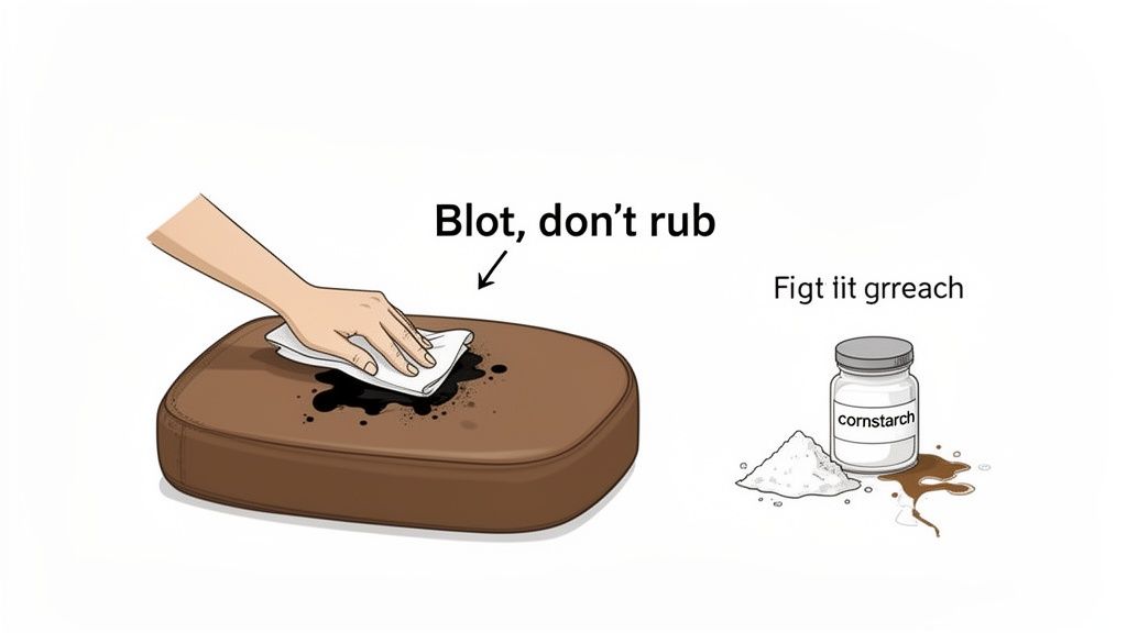 A hand blots a dark spill on a brown leather cushion, with cornstarch nearby for cleaning.