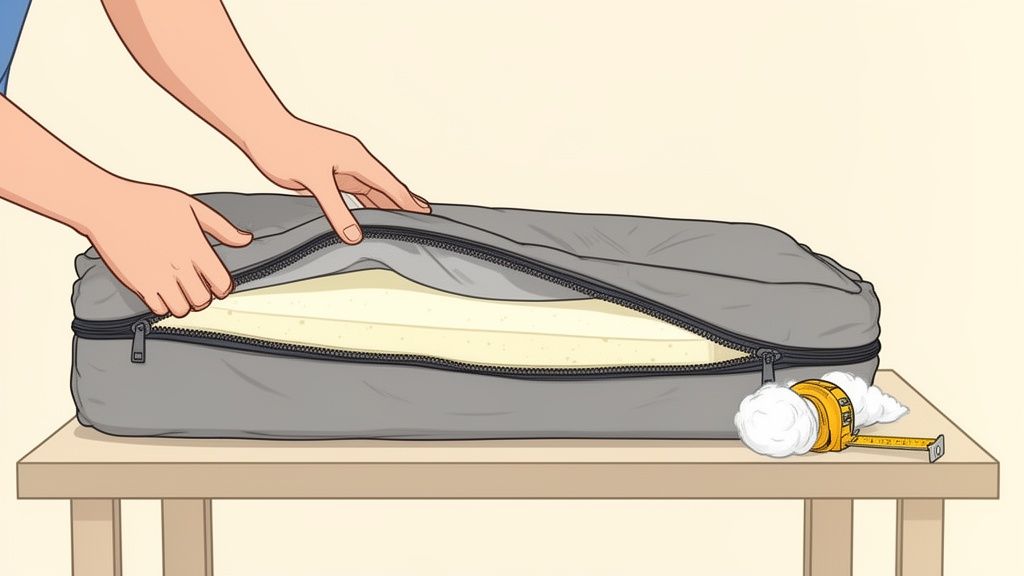 A person's hands unzip a gray couch cushion cover, revealing yellow foam inside. A measuring tape and white stuffing are on the table.