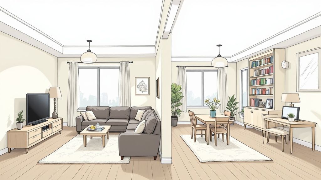 A bright, open-plan living and dining area featuring a comfortable sectional sofa, dining table, and home office setup.