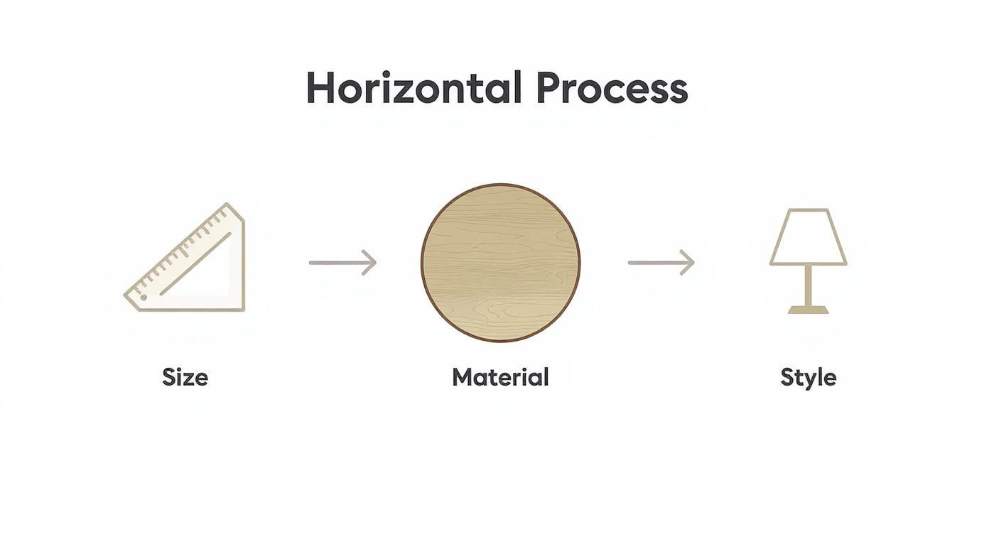 A horizontal process diagram showing steps: Size (ruler icon), Material (wood circle), and Style (lamp icon).