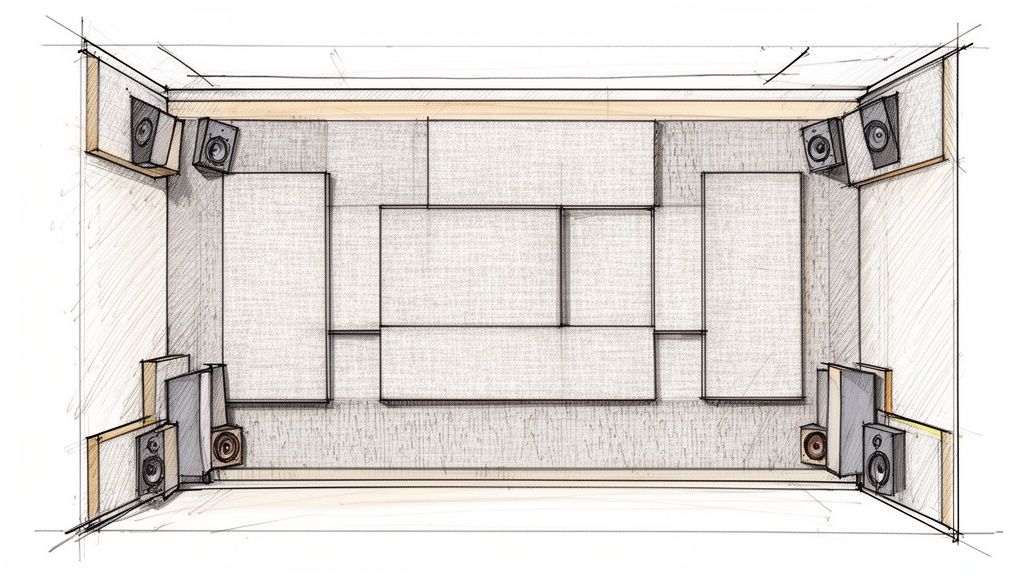 Top-down sketch of a home theater room with extensive acoustic paneling and surround sound speakers.