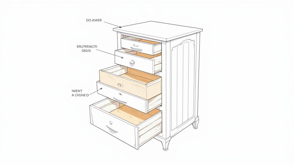 Close-up of dovetail joinery on a wooden drawer.