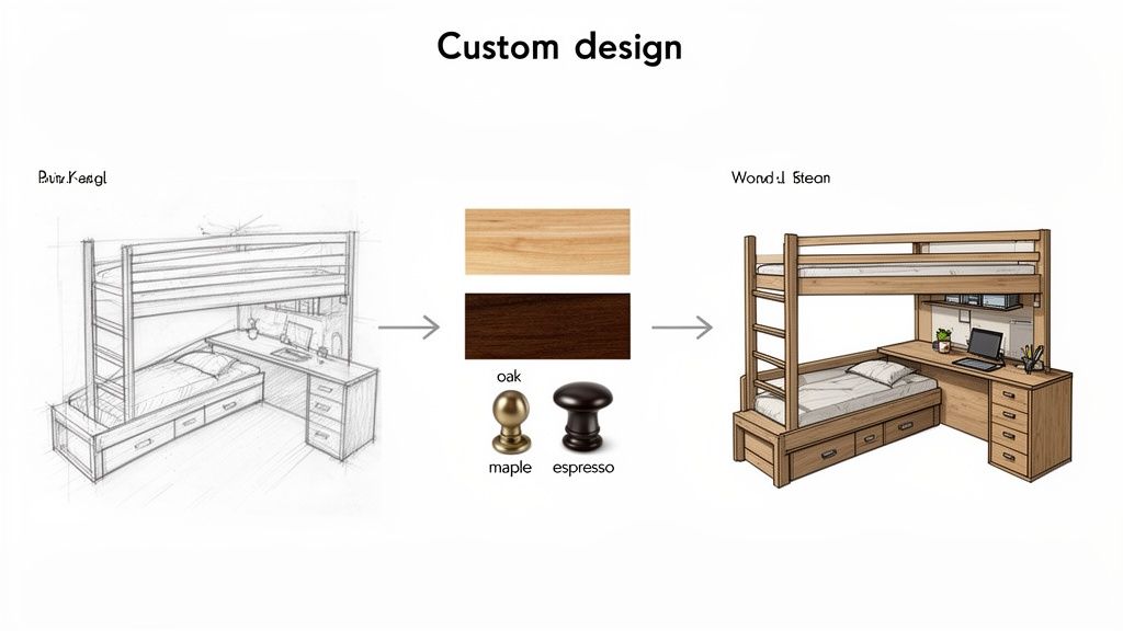 A custom-designed L-shaped bunk bed with a desk, shown from sketch to final rendered design.