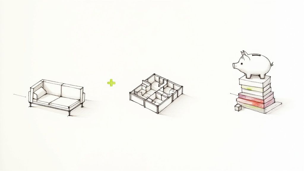 A sketch showing a sofa, a modular building plan, and a piggy bank on a stack of books.