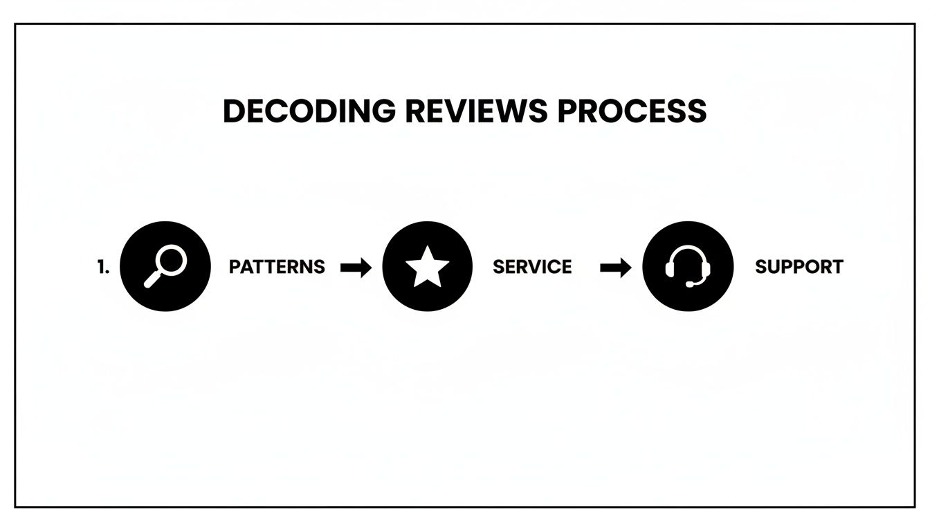 A process flow diagram illustrating the 'Decoding Reviews Process' from patterns to service and support.