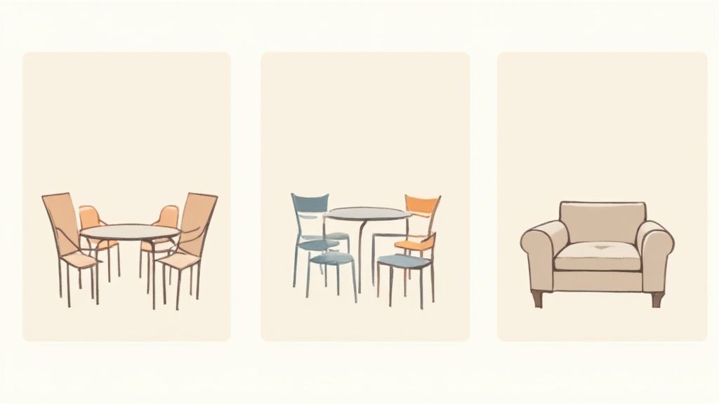 Three minimalist illustrations: two sets of dining tables with chairs, and one cozy armchair.