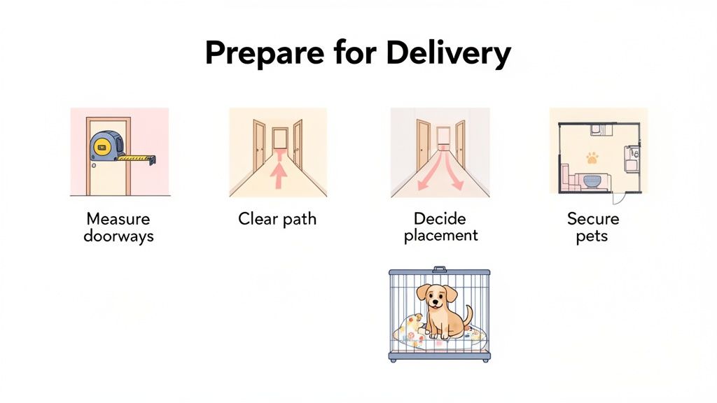 Illustrations showing four steps to prepare for a delivery: measure doorways, clear path, decide placement, and secure pets.