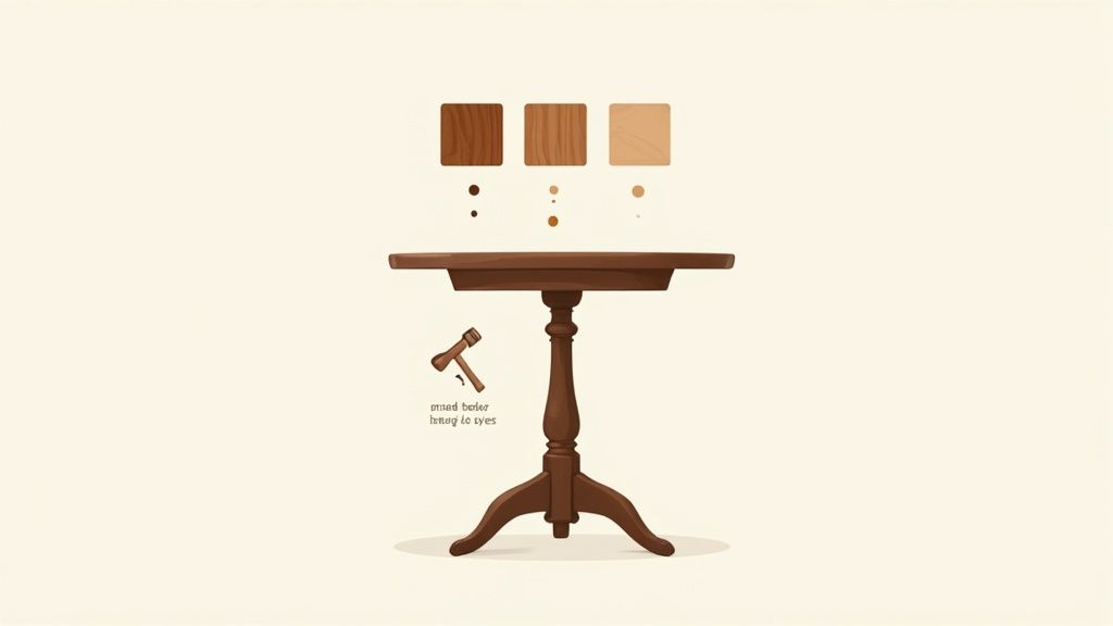 Illustration of a wooden pedestal table with wood grain swatches, a mallet, and a nail.