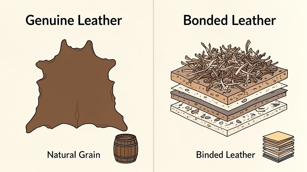 An illustration comparing genuine leather, shown as a natural animal hide, with bonded leather, depicted as layers of small leather scraps.