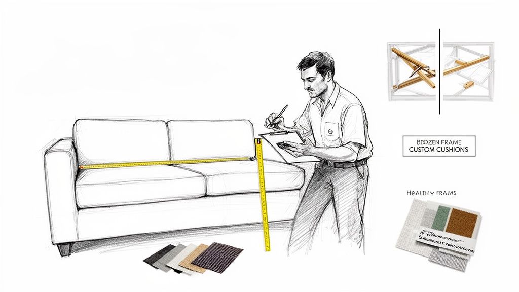 A man measures a sofa with a tape measure, checking for repairs and custom cushions with fabric swatches.