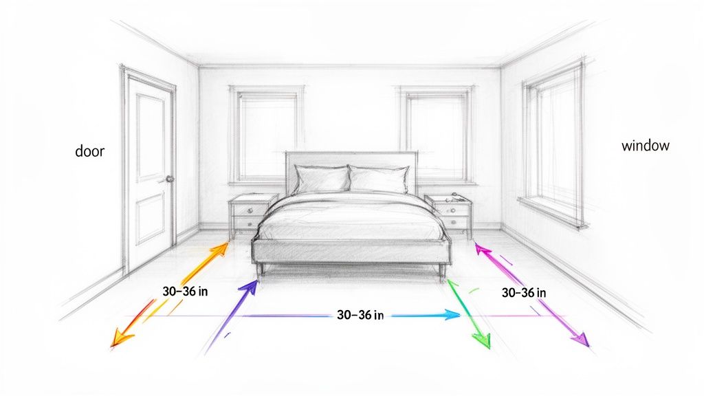 Sketch of a bedroom layout showing bed, nightstands, door, windows, and recommended 30-36 inch spacing around the bed.
