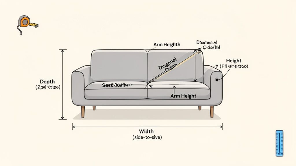 Diagram illustrating a grey sofa with labeled measurements including depth, width, height, arm height, seat depth, and diagonal depth.