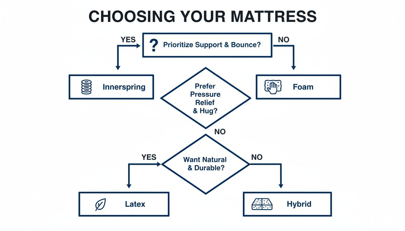 A flowchart visually guiding users through the process of choosing a mattress based on support, bounce, pressure relief, and material preferences.