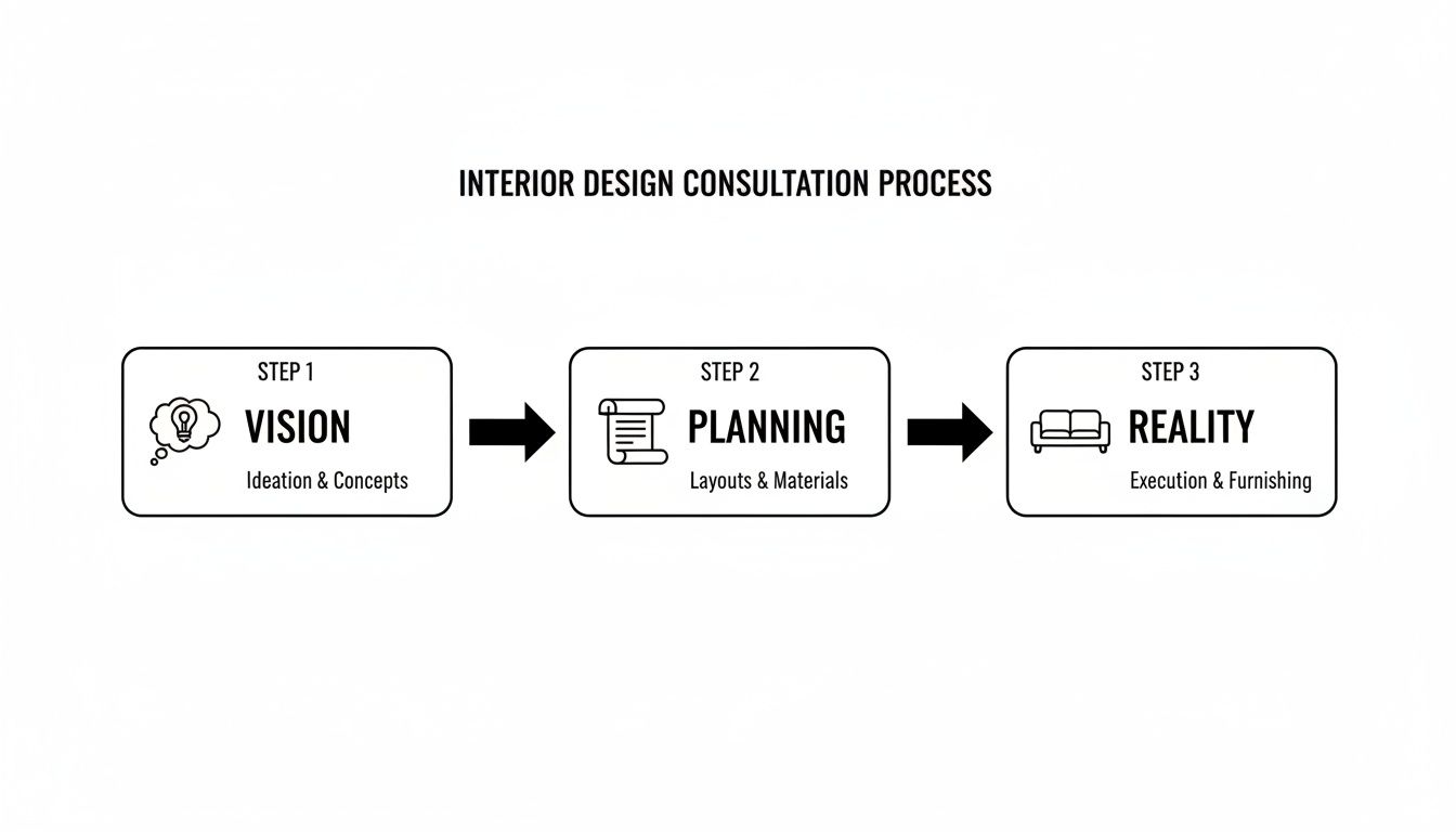 A three-step diagram illustrating the interior design consultation process: Vision, Planning, and Reality.