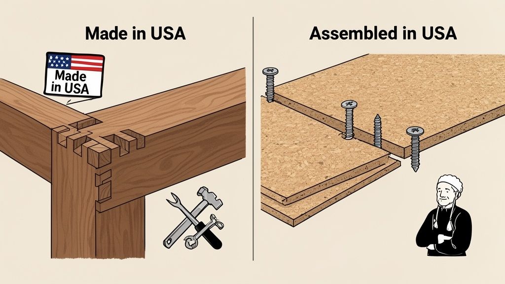 Illustration comparing 'Made in USA' solid wood joinery with 'Assembled in USA' particle board and screws.