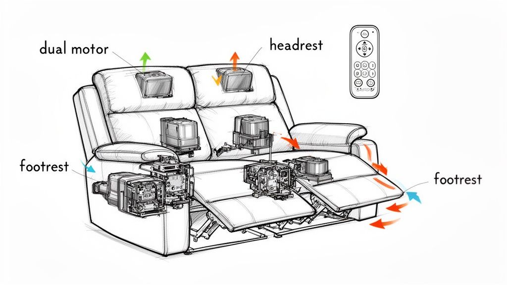 Diagram of a power reclining loveseat with exposed internal dual motors, adjustable headrests, and footrests, along with its remote control.