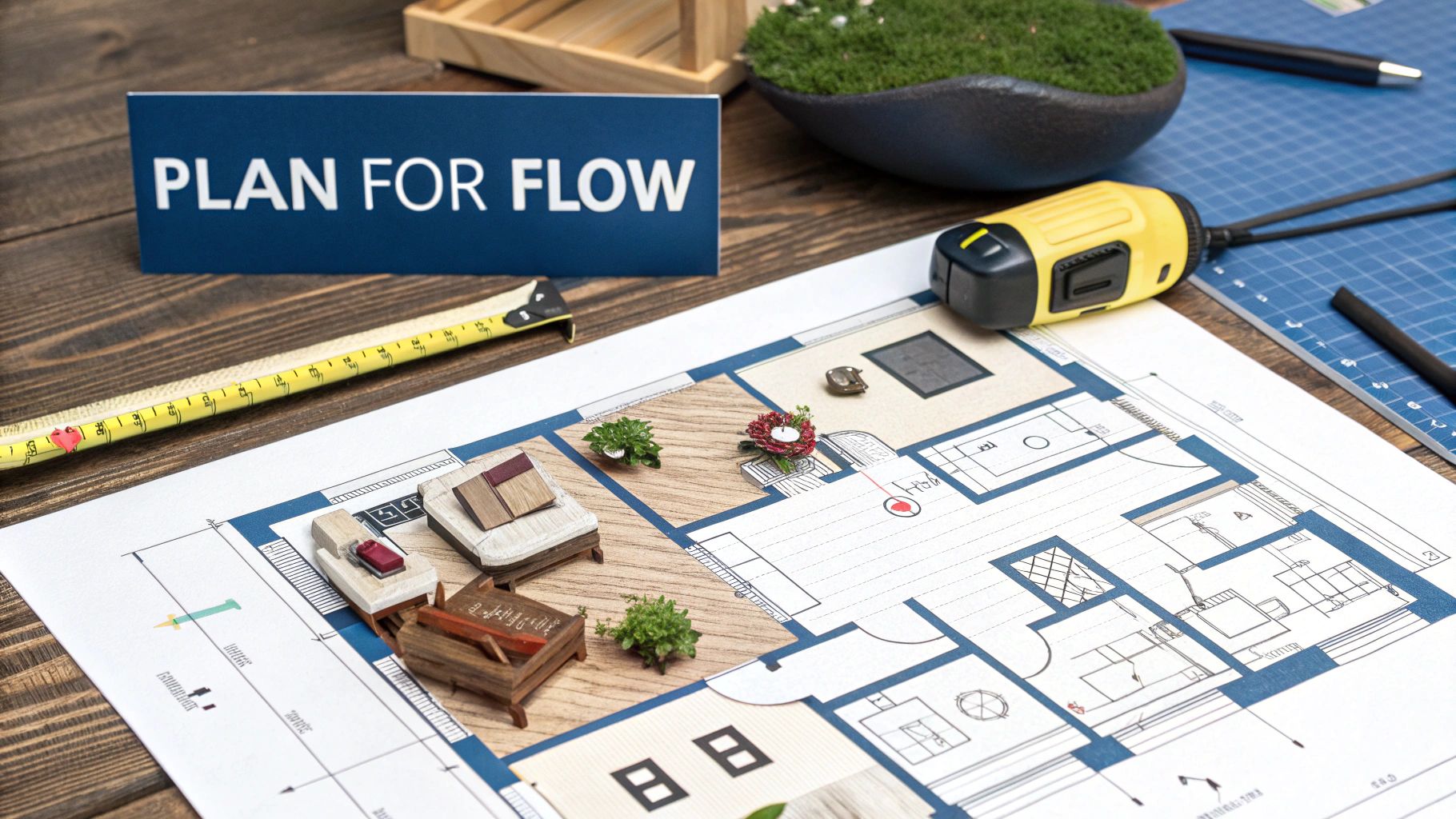 Overhead view of a floor plan with miniature furniture, a tape measure, and 'PLAN FOR FLOW' sign.