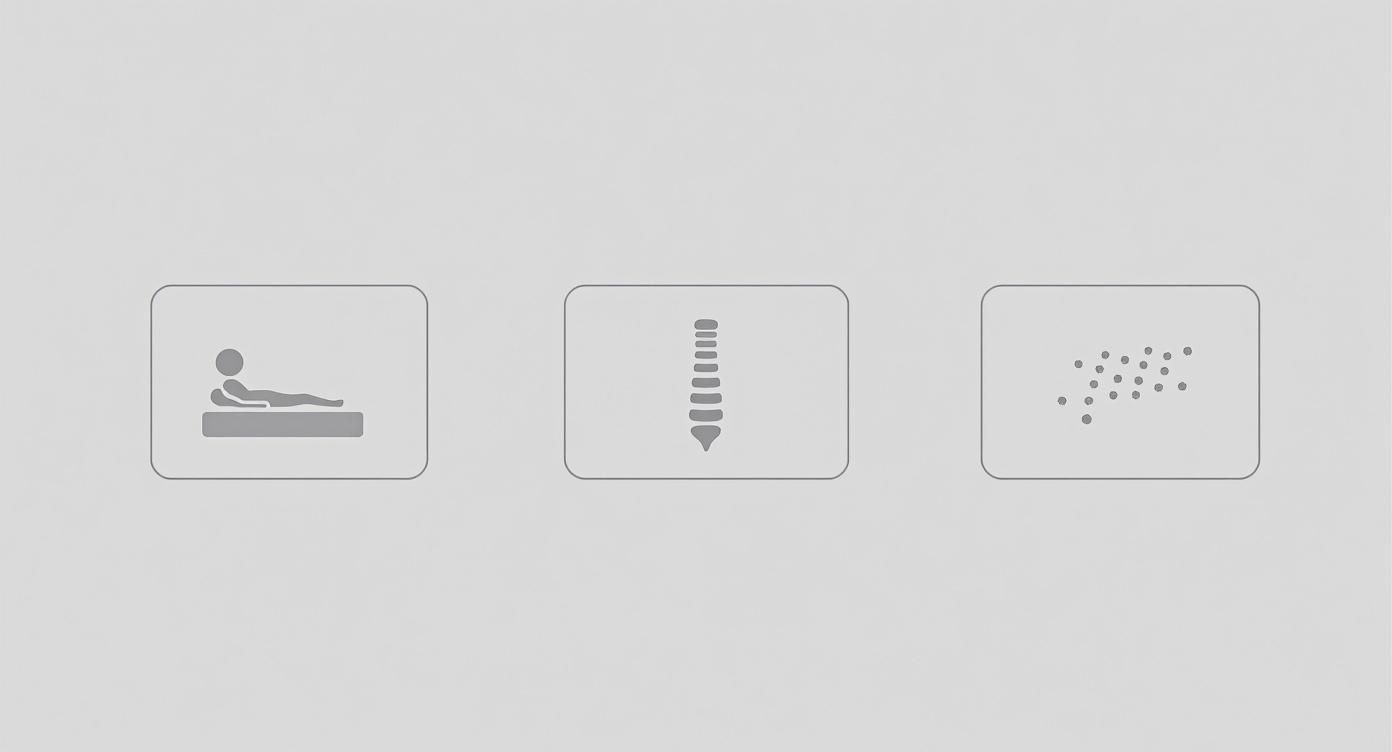 Three icons: a person lying on a bed, a spinal column, and scattered dots, representing mattress features.