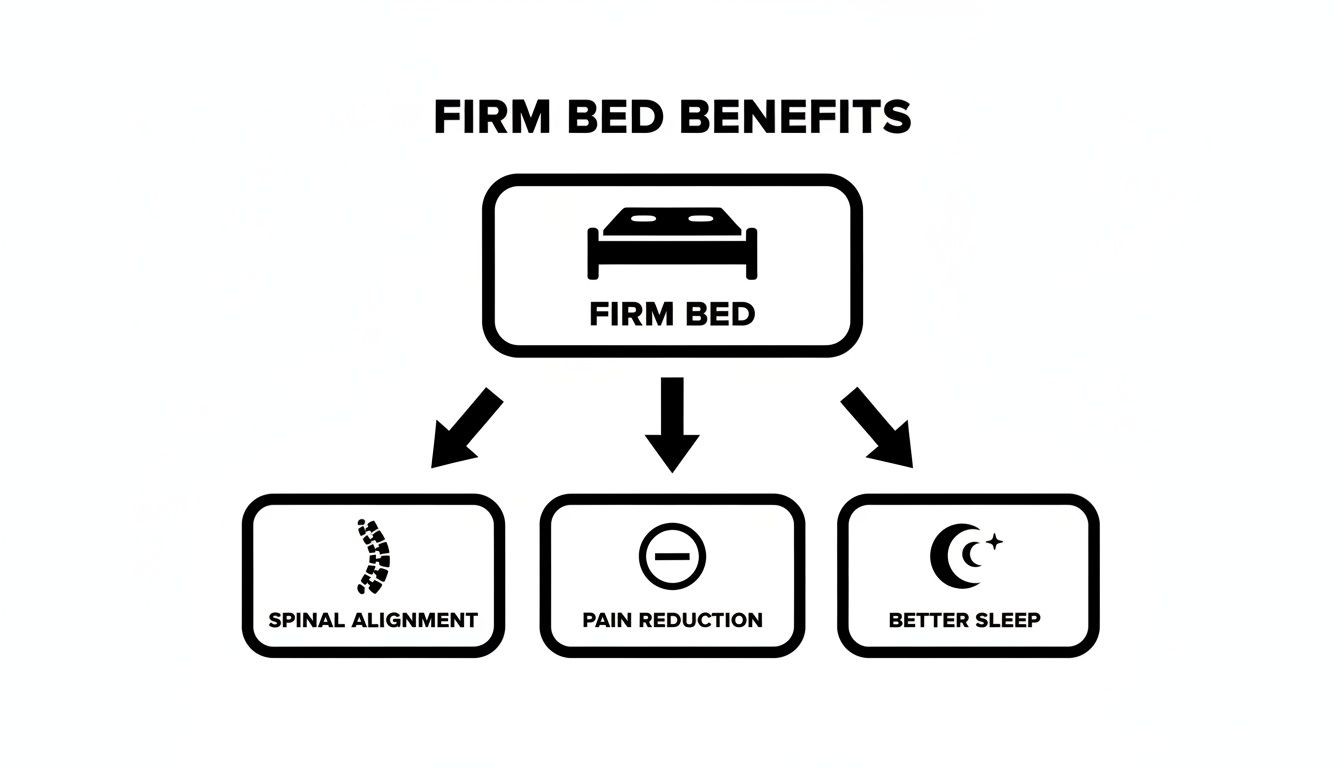 A diagram illustrating the benefits of a firm bed: spinal alignment, pain reduction, and better sleep.